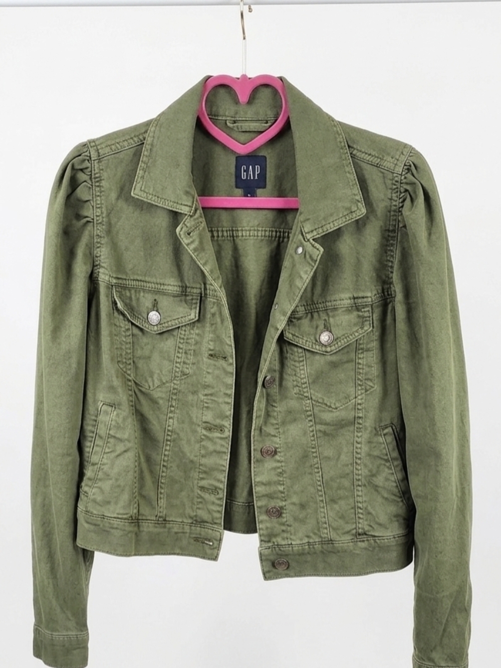 GAP Women's Olive Green Denim Jacket with Puff Shoulders
